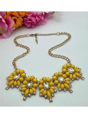 Yellow Floral Bib Necklace Gold Tone Clear Crystal Statement 19” Adj